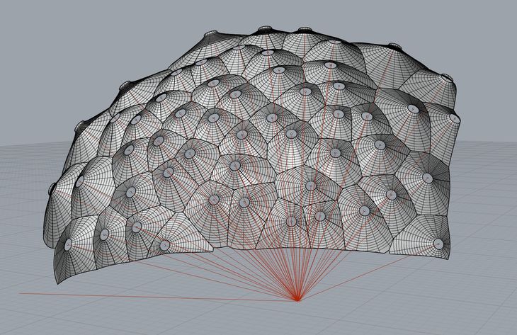 One of my early concept models for the [Responsive Acoustic Surface](/responsive-acoustic-surfaces/) (sketched in January 2011). At the time our construction system was unable to accommodate the geometric variation, so we instead chose to build the Responsive Acoustic Surface as a semi-circular wall – the concept reemerged two years later as the basis for the FabPod.