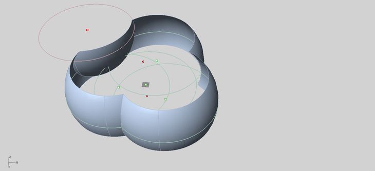 Parametric model I created to position the underlying spheres. For acoustic reasons, the final FabPod model only uses the negative spheres (one of which can be seen in the top left of this drawing).