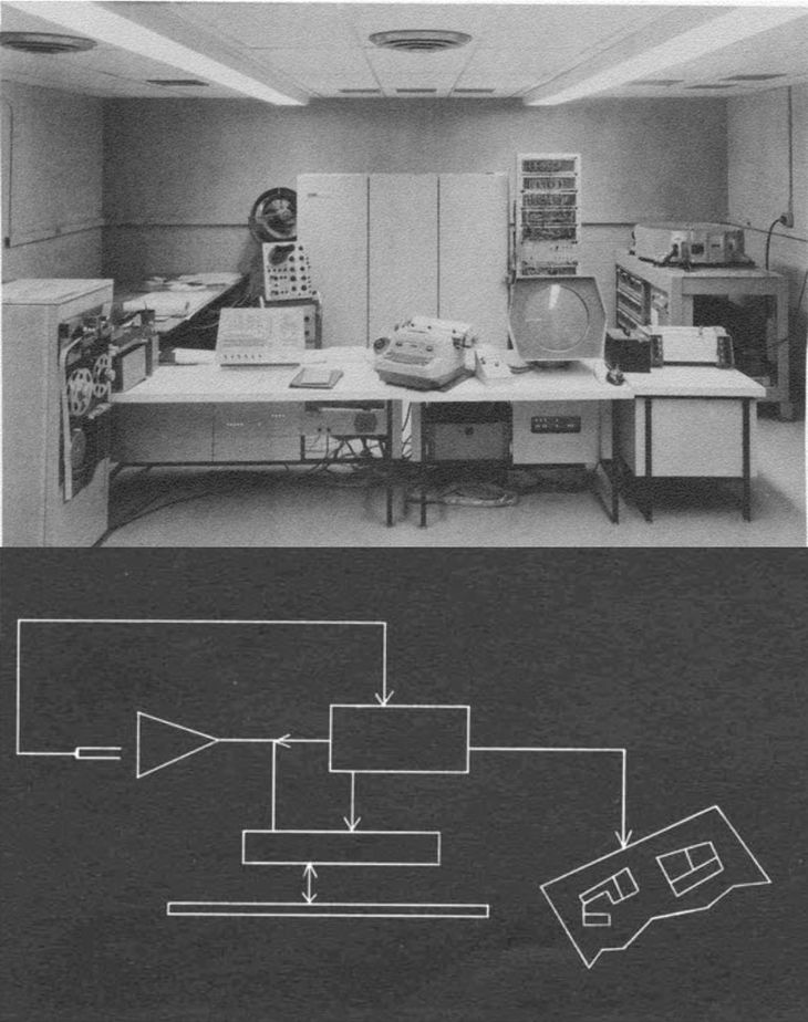 Itek’s Electronic Drafting Machine (above) and sample drawing (below). The setup cost US$500,000 per seat in 1962 – approximately equivalent to US$3.5 million in 2012 (Weisberg 2008, ch. 6.6).