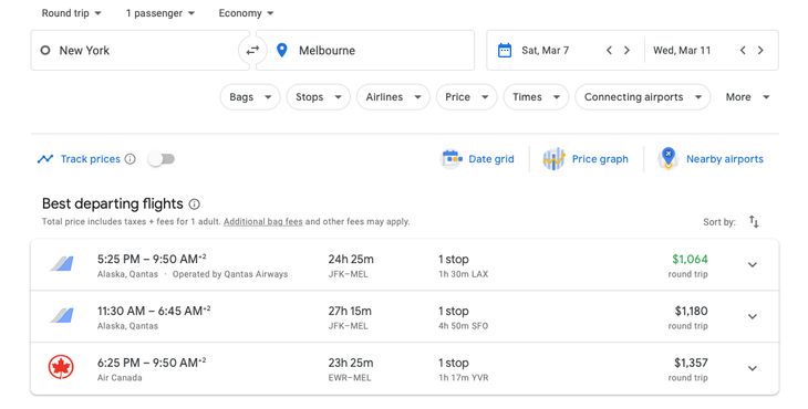 Booking a flight on Google