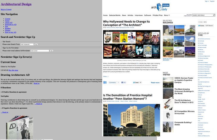 AD Magazine (left) is full of incredible content, none of which is accessible online. There isn't a list of past issues and contributors, there isn't even a description of what the most recent issue is about. In comparison, ArchDaily (right) is fully accessible online. They have a huge readership and they publish articles almost immediately. Academics may look down their nose at ArchDaily, but it is easy to see why the audience is there.