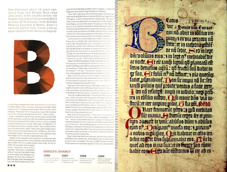 Left: An initial designed by [Jonathan Puckey](http://jonathanpuckey.com/projects/delaunay-raster/) for Wired 05 (2011). These contemporary digital designs make reference to the historic tradition of hand crafted initials. Right: An initial in the Mainz Psalter (1459).