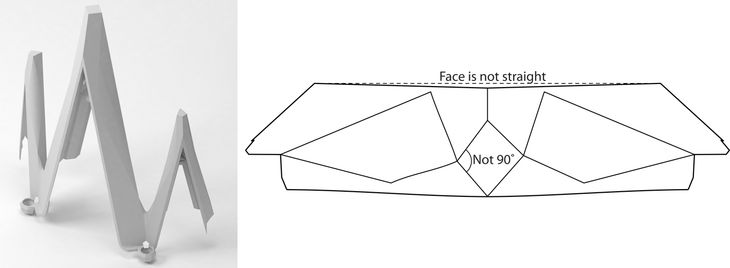 Figure 5 – Left: Final version of the Fronton produced by dataflow programming. Right: Plan view of Frontons illustrating two problems with the original model, faces that were not orthogonal and angles that were not correct – every face had one of these errors.