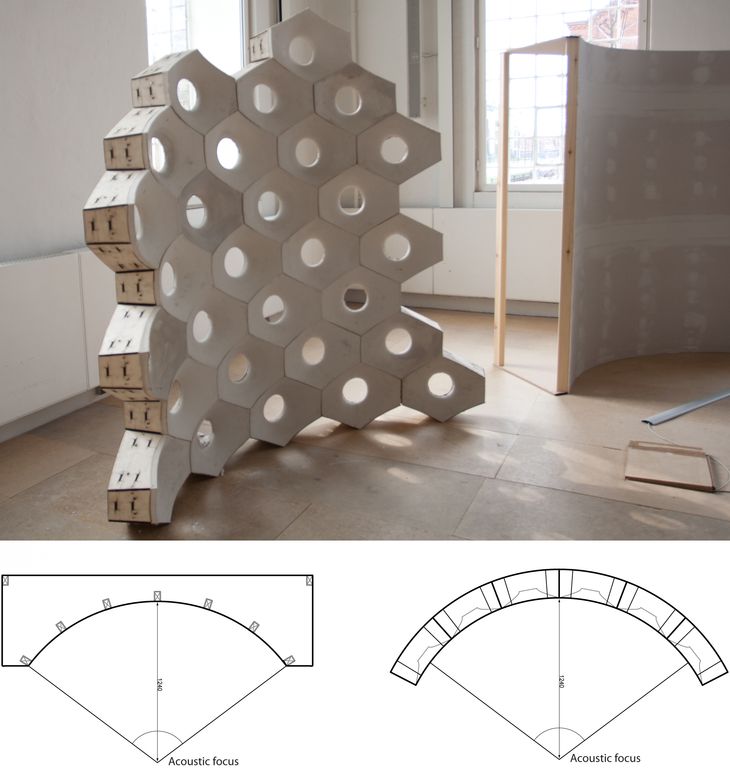 Figure 3 – Hyperboloid wall (left) and flat wall (right), and corresponding plans.