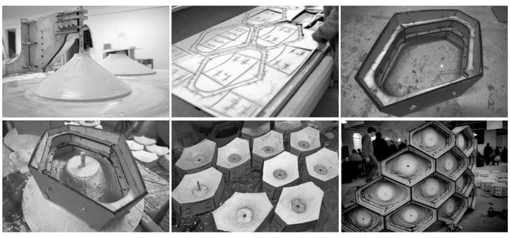 Figure 4 – Top: The hyperboloid mould, laser cutting of hexagonal frame, the frame. Bottom: Hexagonal frame on mould, selection of bricks, assembled wall from behind.