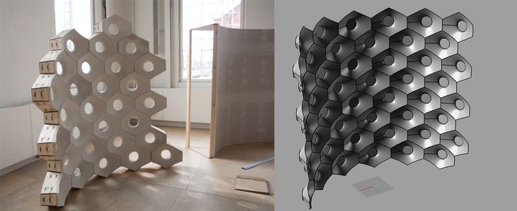 Fig. 3. Full-scale prototype at Smart Geometry (left) and associated digital model (right).