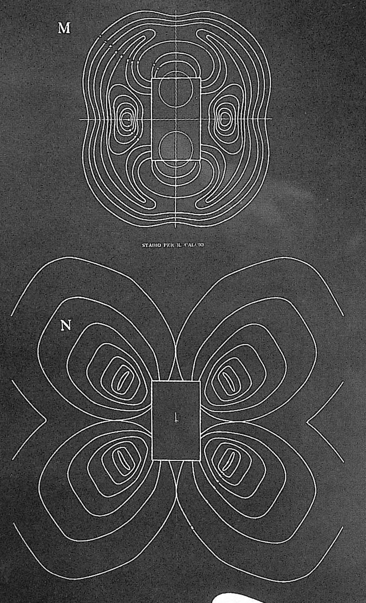 Figure 6: Stadium designs by Luigi Moretti from the 1960 Parametric Architecture exhibition at the Twelfth Milan Triennial. Each stadium derives from a parametric model consisting of nineteen parameters. Top: The plans for stadium version M and N showing the “equi-desirability” curves (Converso and Bonatti 2006, 243) Bottom: A model of stadium N.