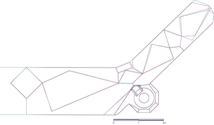 Figure 30: Blue: Plan of original fronton model. Red: Plan of corrected model. The two plans deviate 6mm on average.