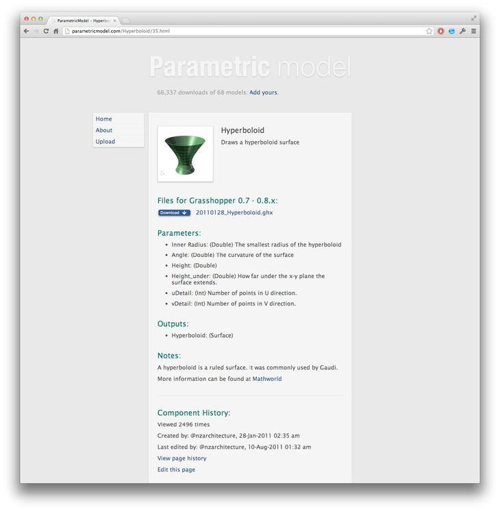 Figure 56: T he hyperboloid module download page. Like documentation that comes with many programming languages, the download page details what the module does, the parameters it requires, and the outputs it produces.