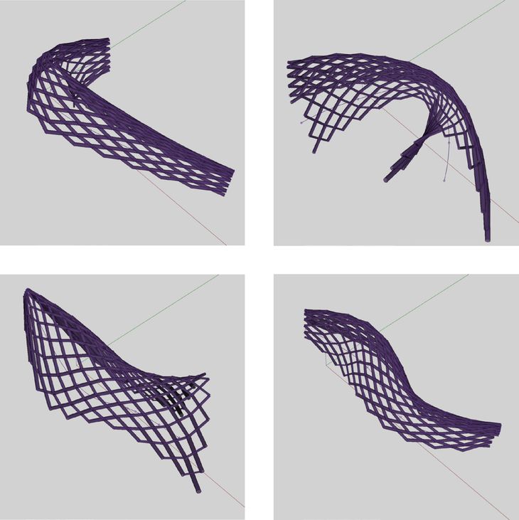 Figure 70: Four variations of Kilian’s second roof generated with Yeti. The roof is made an array of parabolas lofted together to make a surface that is then diagonally crisscrossed with tubes. The parabolas follow the path of a curve and if the curve is adjusted, the roof readjusts to follow the curve.