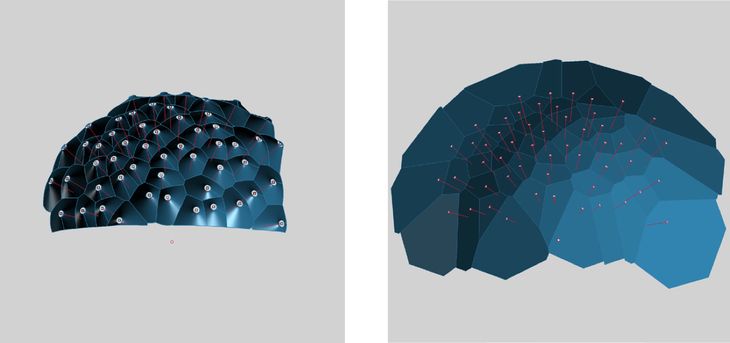 Figure 75: Left: An early study of hyperboloid intersections that I produced in January 2011 for the Responsive Acoustic Surface. The model proves that hyperboloids distributed on a spherical surface intersect with planar curves. Right: The intersections between hyperboloids also form a Voronoi pattern; shown is the output from the FabPod’s spherical Voronoi parametric model.