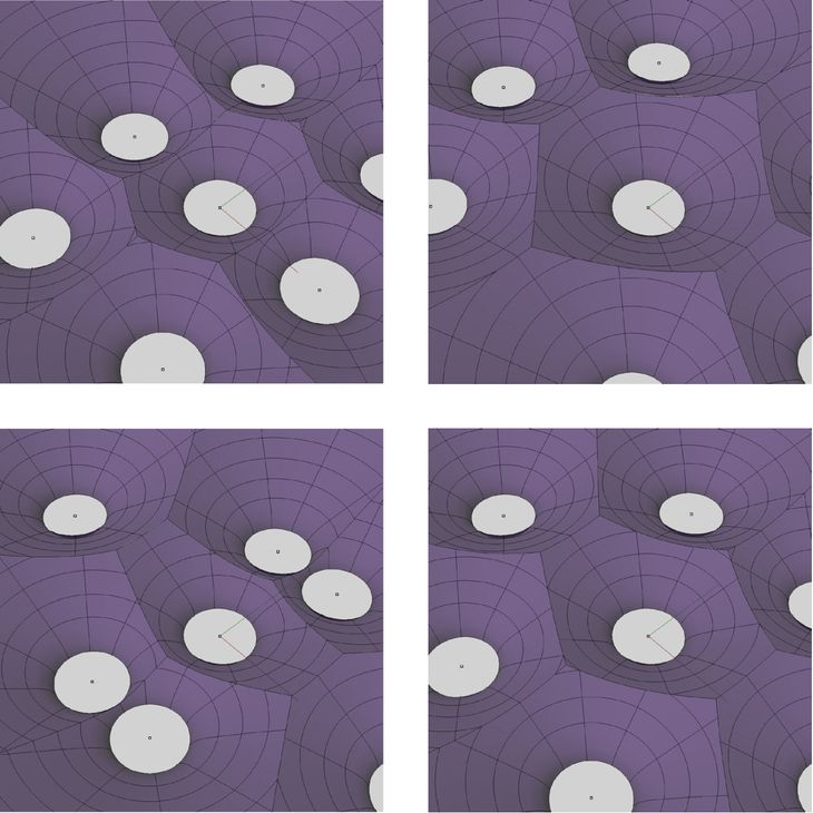 Figure 73: Four variations of the Responsive Acoustic Surface’s hyperboloid layout generated with Yeti. Slight changes in the hyperboloid position significantly alter the shape of the bricks.