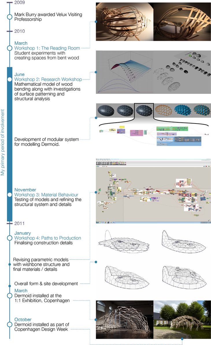 Figure 51: Key milestones in the development of Dermoid. Unlike a traditional design process, Dermoid’s design commences with investigations into the material properties of wood, and proceeds through detailing and design development, before concluding with a sketch of the form. This process is enabled to a large degree by the flexibility of the parametric models.