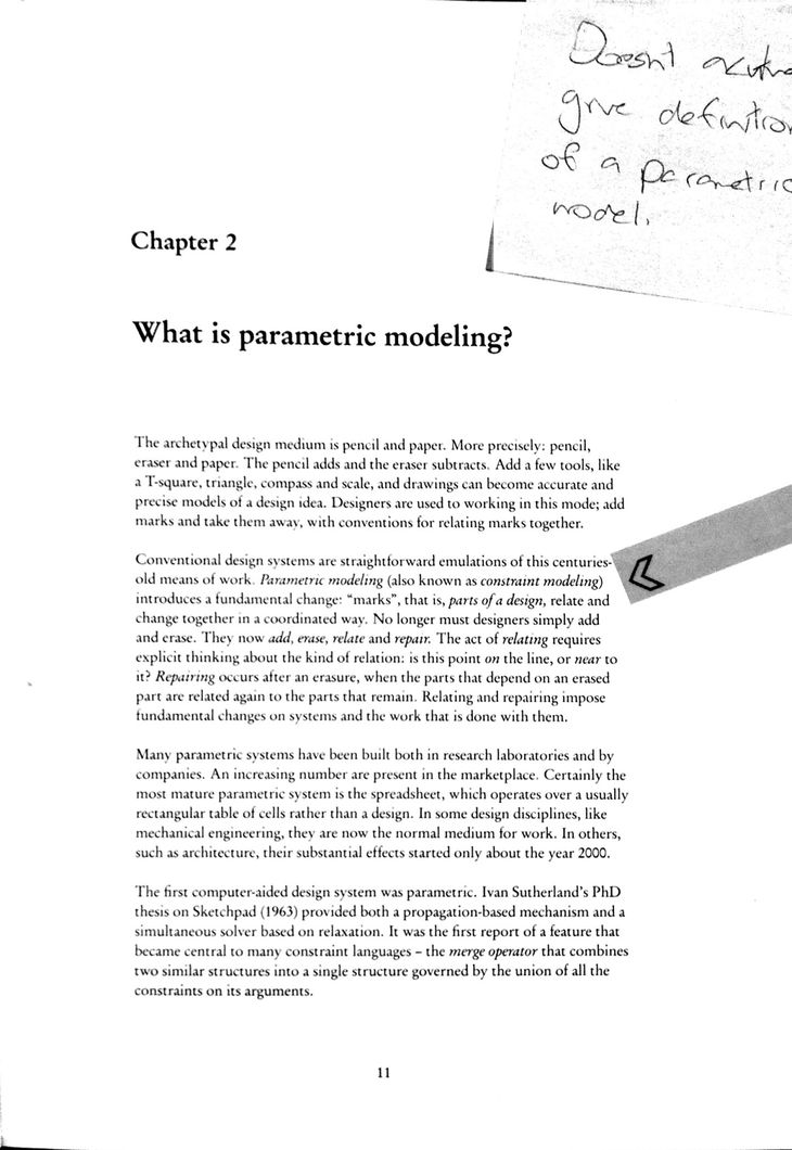 Figure 5: The eleventh page from Robert Woodbury’s (2010) Elements of Parametric Design. Woodbury asks “what is parametric modelling?” but never quite gives the answer.