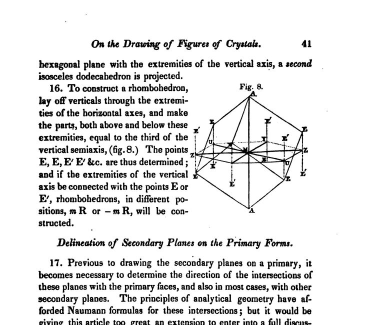 Figure 7: Instances of James Dana’s crystal drawings. Above: Setting up the coordinate system (Dana 1837, 41). Below: Impact of changing the edge chamfer ratio (Dana 1837, 43).