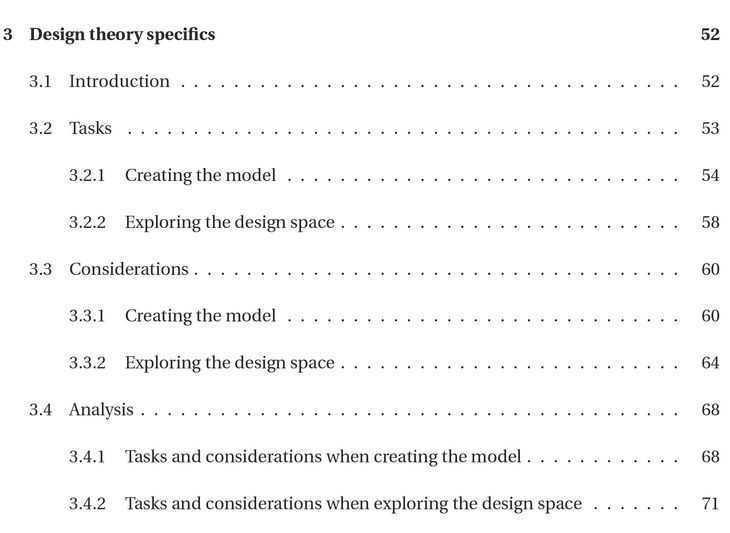 Figure 8: A selection from the contents of Roland Hudson’s (2010) thesis Strategies for Parametric Design in Architecture. Hudson’s distinction between creating and using a parametric model comes through in his thesis structure: the literature review is split between alternating headings of “creating the model” and “exploring the design space”; and each case study evaluation focuses on the “overview of the completed model” often without discussing any aspect of the model’s creation.