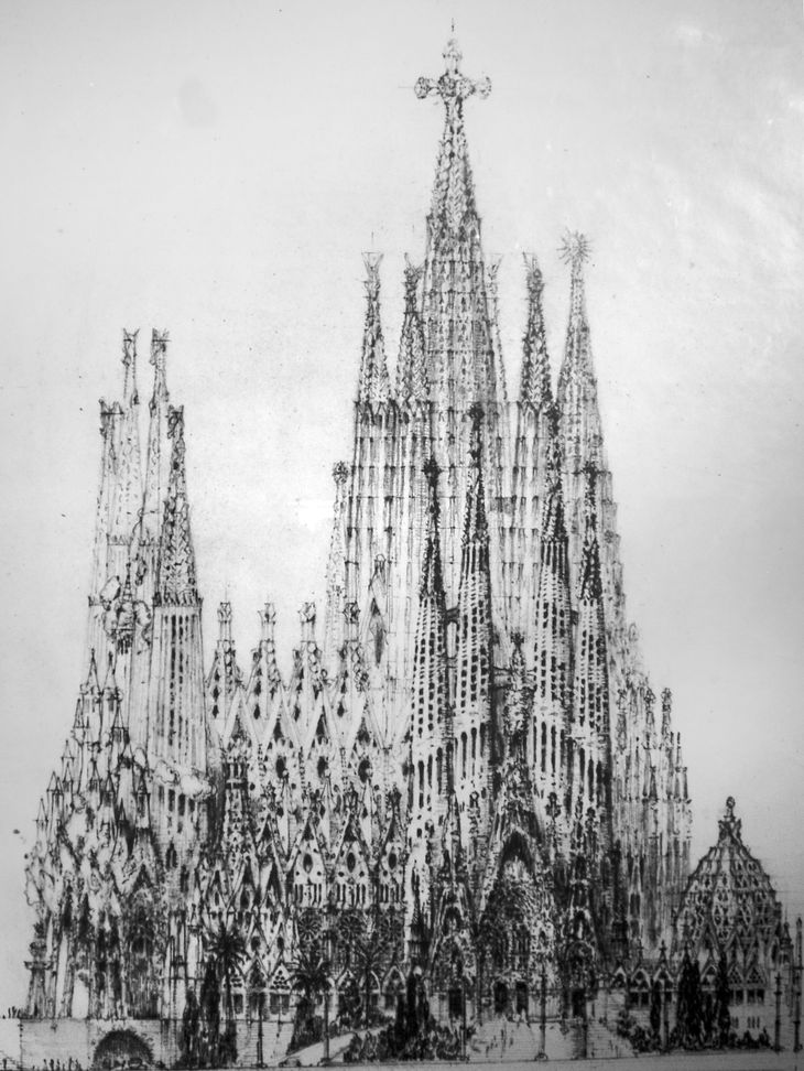 Figure 27: Lluís Bonet i Garí’s interpretation (circa 1945) of what the Sagrada Família would look like when completed. The tall central tower capped by a cross is dedicated to Jesus Christ.