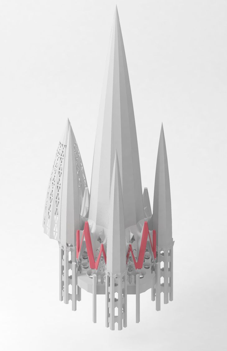 Figure 28: A massing model of the central tower with the frontons highlighted in red.