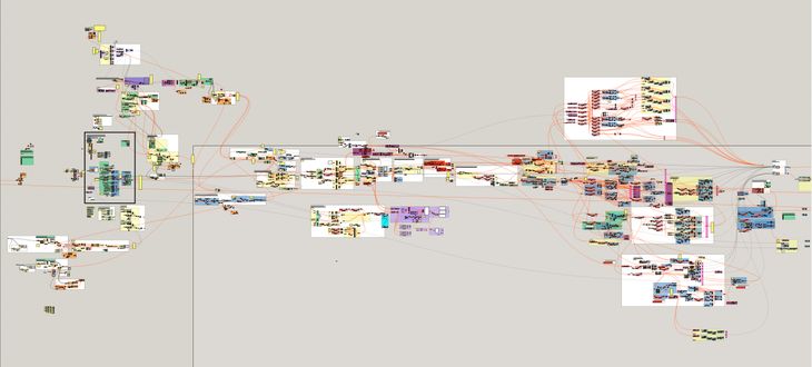 Figure 54: The final parametric model used to design Dermoid. While this model looks messy, the model’s creator has actually composed the model out of a hierarchy of modules that make it relatively easy to understand the model given its size and complexity. Many of these modules are reused from earlier iterations of the project.