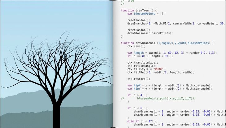 Figure 61: Bret Victor’s (2012) IDE from Inventing on Principle. Since the programming environment is interactive, the code and the image are always in sync. As shown in the three frames, changes to the code also immediately change the image produced by the code – without the designer manually activating the Edit-Compile-Run loop to see them.