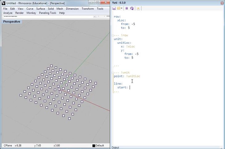 Figure 62: Yeti, an interactive programming plugin for Rhino. Like with Victor’s IDE (fig. 61), the code and the model are always in sync. Whenever the code changes, the model produced by the code automatically changes as well.