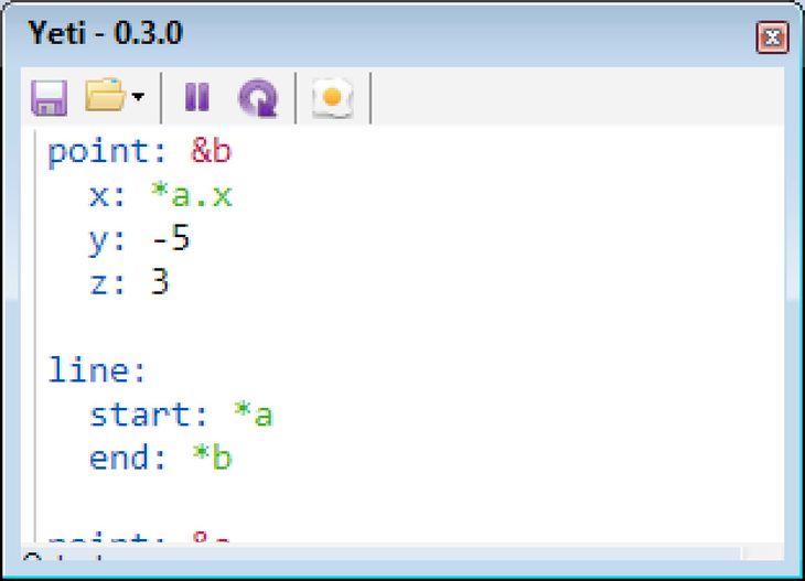 Figure 63: The Yeti interface. The primary element is a textbox for writing code. The code within the textbox is automatically coloured: numbers (black), geometry (blue), names (red), references to named geometry (green). Above the textbox are a row of icons, from left to right: save, open, pause interactive updating, force update, and bake geometry (export to Rhino). The geometry created by the code is displayed in another window (not shown).