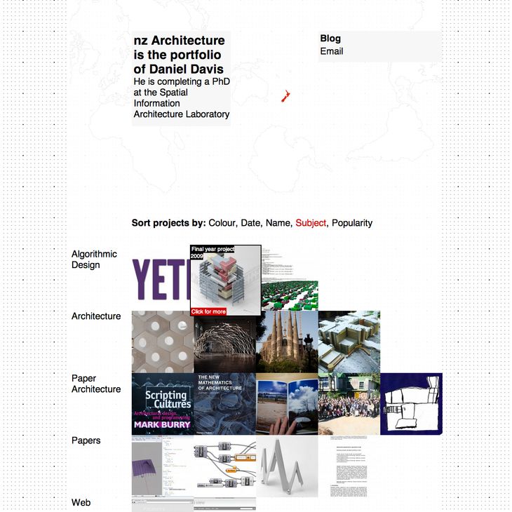 The final design of nzarchitecture.com. Rather than clicking through navigation to get to the projects I reduced the site to a single page showing all the projects at once.
