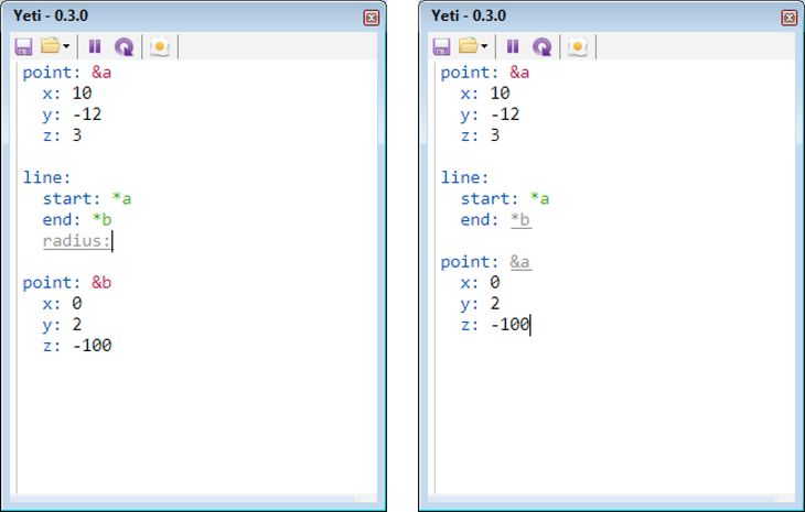 Figure 65: Errors in Yeti are coloured grey and underlined. In both of these examples, Yeti continues to function even though there are errors in the code. Left: Radius is not a valid parameter for a line, so it is marked as an error. Right: Since there is no key named &b, the pointer *b is marked as an error; and because there are two keys named &a, the second one is highlighted as an error.