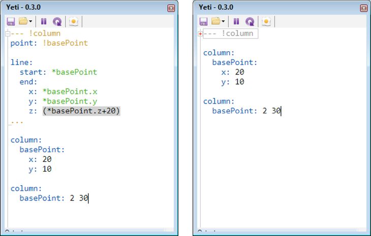 Figure 66: Left: The column object’s code expanded. Right: The column object’s code collapsed (the code is hidden but still functioning).